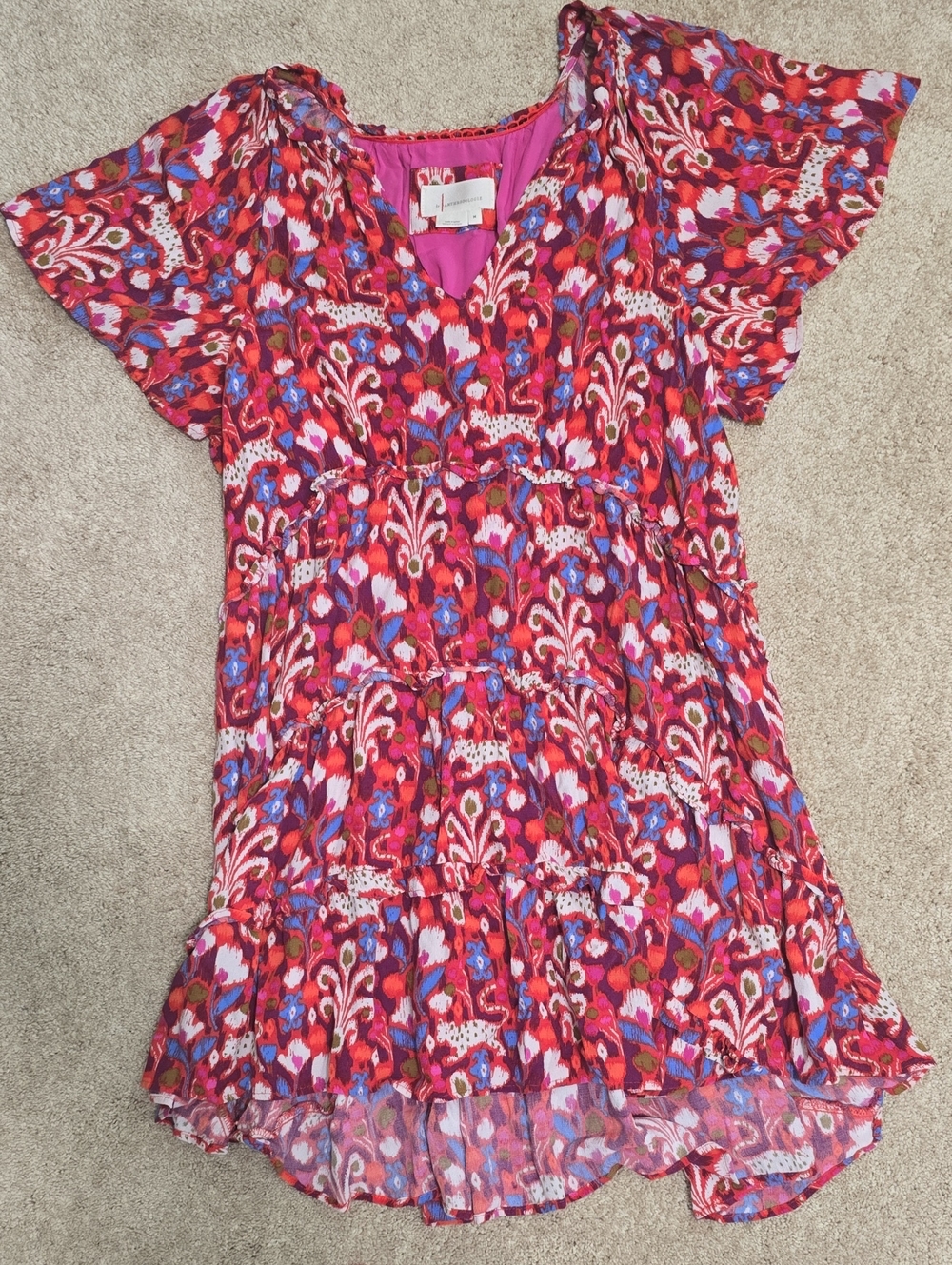 Anthropologie Red Floral Tiered Dress with Red & Blue Accents